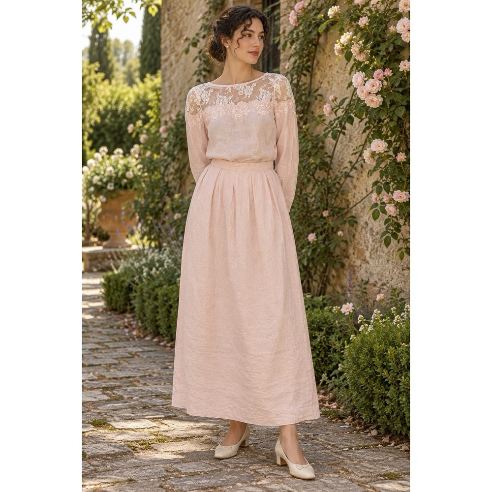 VTG CLOAK OF MANY COLORS Liberty & Lucrezia 100% Linen Lace Skirt Set Sz 10 Pink